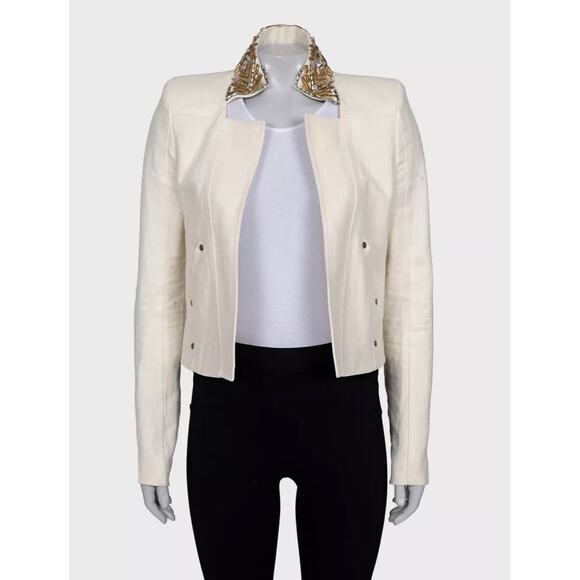 Balmain White Linen Crystal Trim Jacket - Size M (FR38)